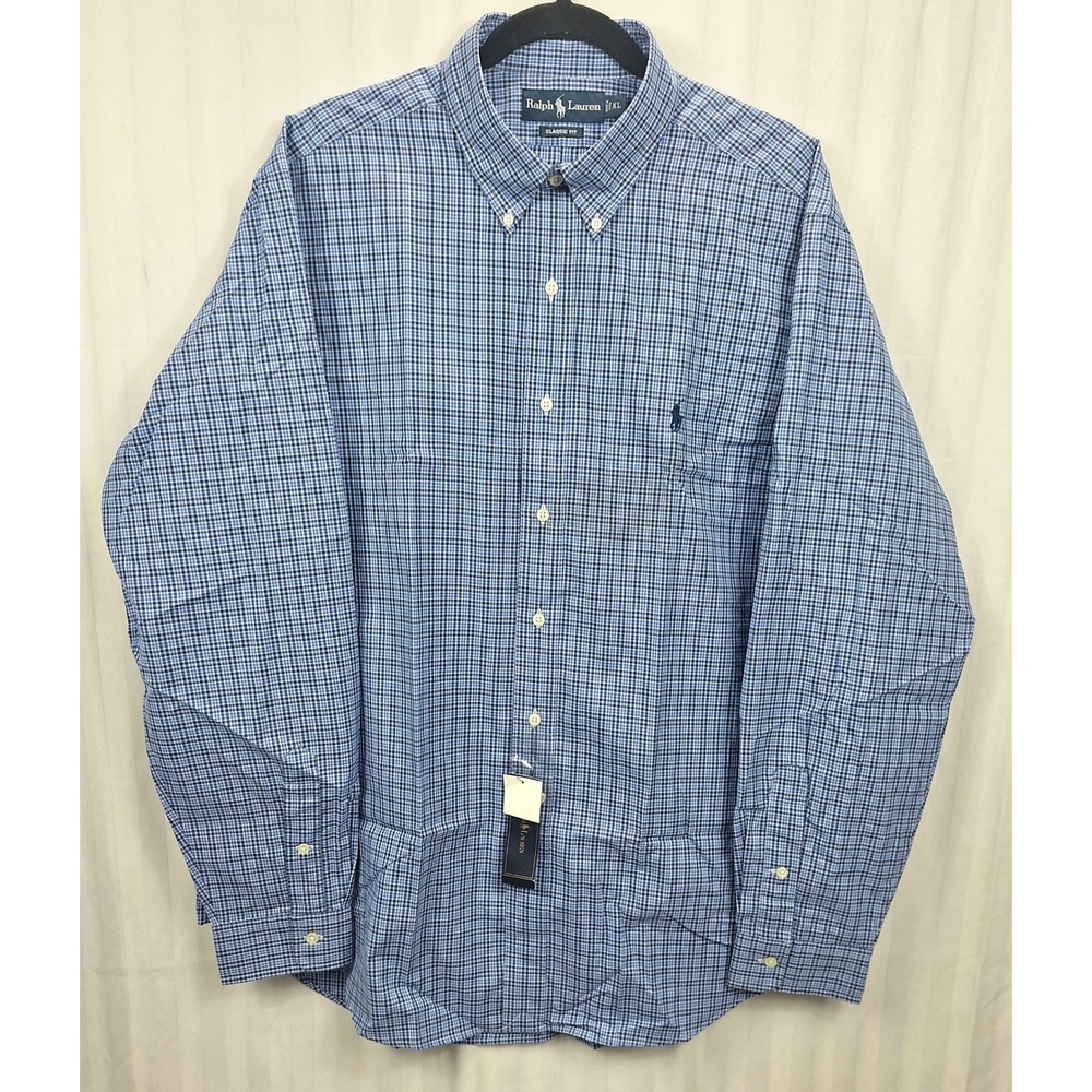 Ralph Lauren‎ Mens Blue Check Button Down Shirt Classic Fit XL Long Sleeve NWT